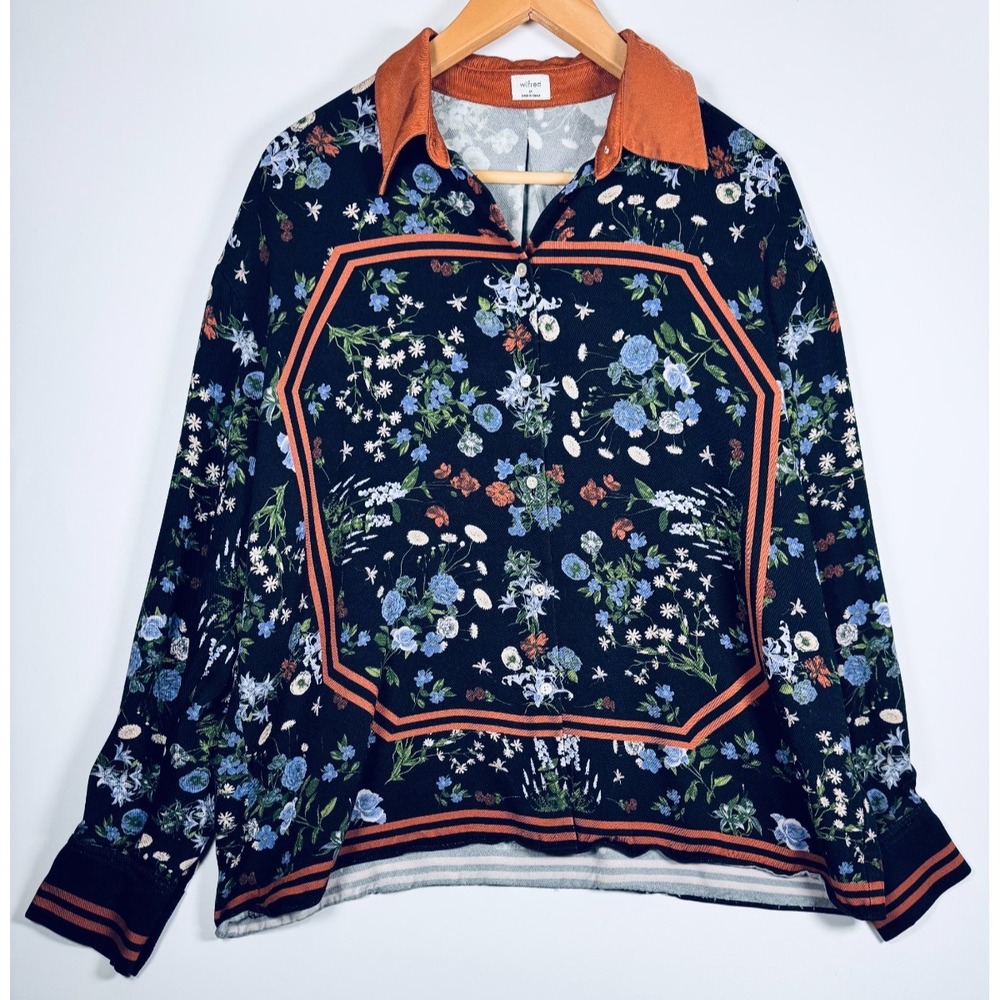 Wilfred Floral Scarf Print Blouse Womens Medium Navy Rust Floral Viscose Shirt